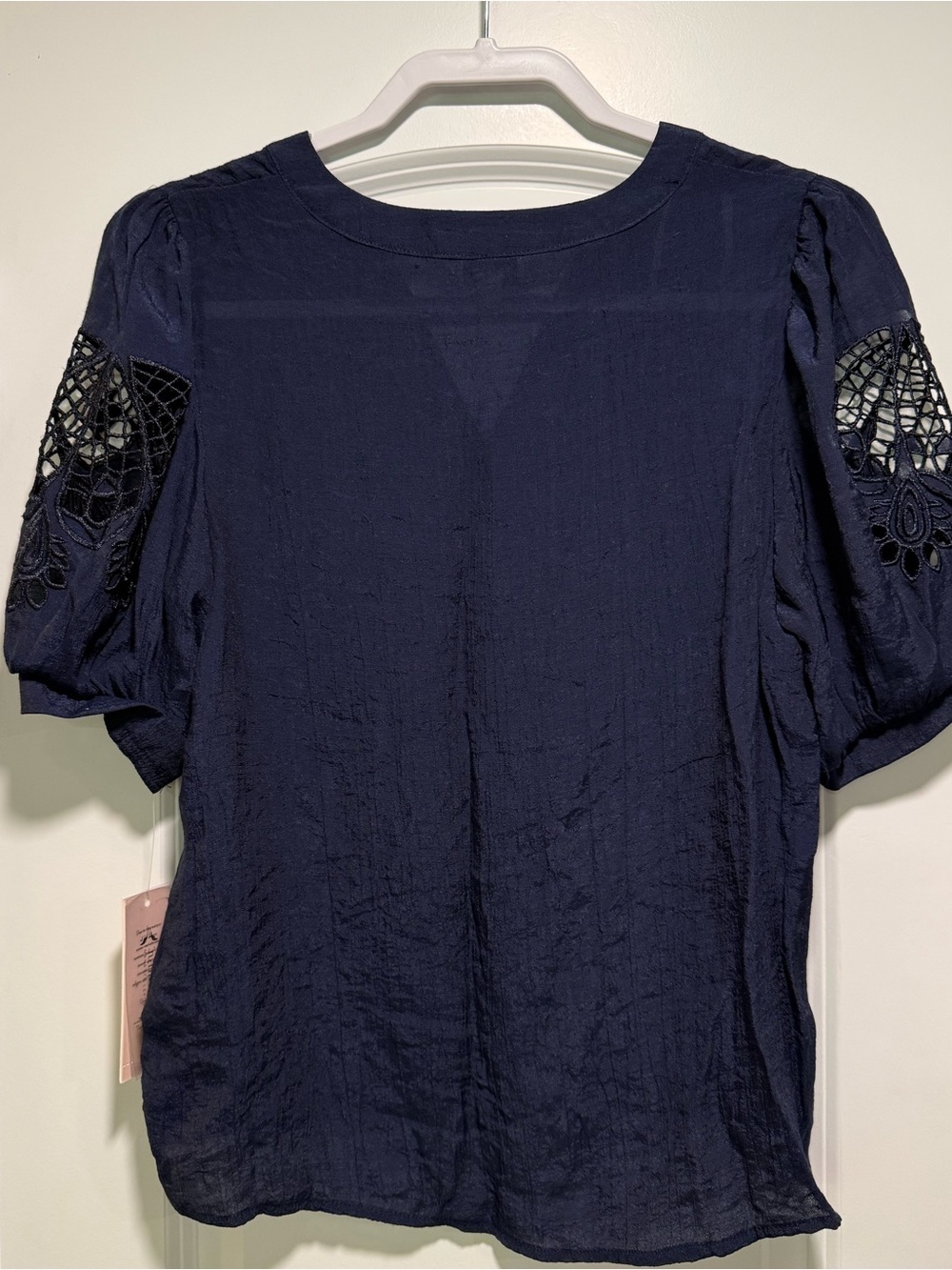 NWT Nanette Lepore Navy Short Sleeve Blouse with Lace Sleeve Insets - Picture 2 of 4